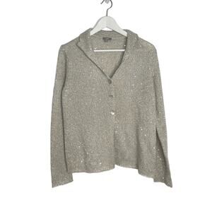 J. Jill Gray Silver Sequin Button Up Mohair Blend Winter Cardigan Sweater Size M